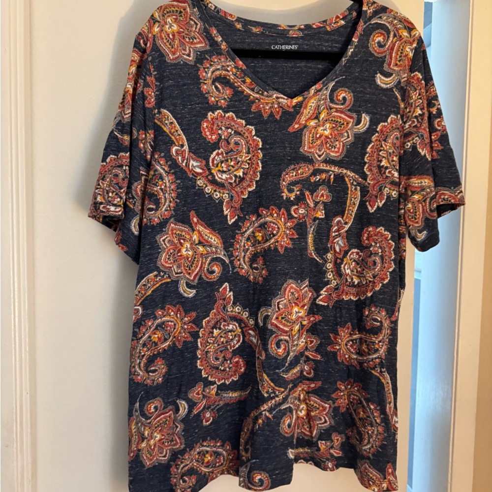 Catherines Women's Paisley Print Top - Navy and Red